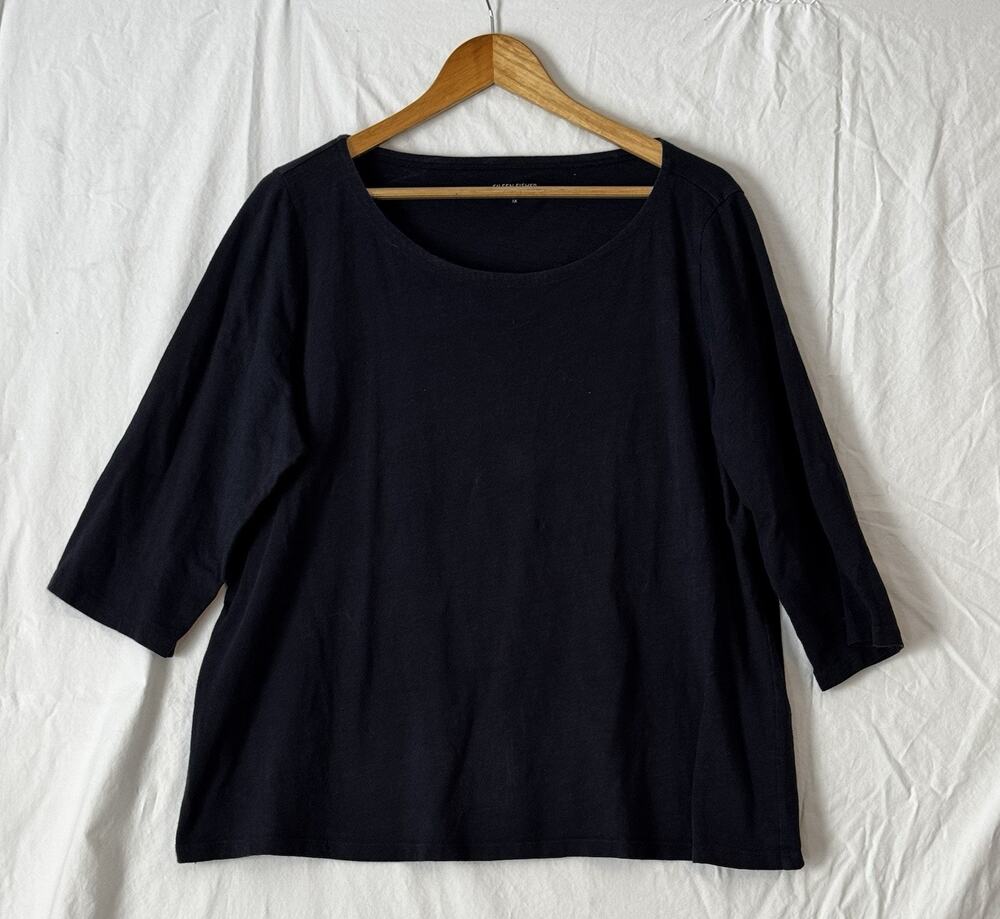 EILEEN FISHER Organic Cotton Top Tee 1X Plus Stretch Round Neck 3/4 Sleeve Black